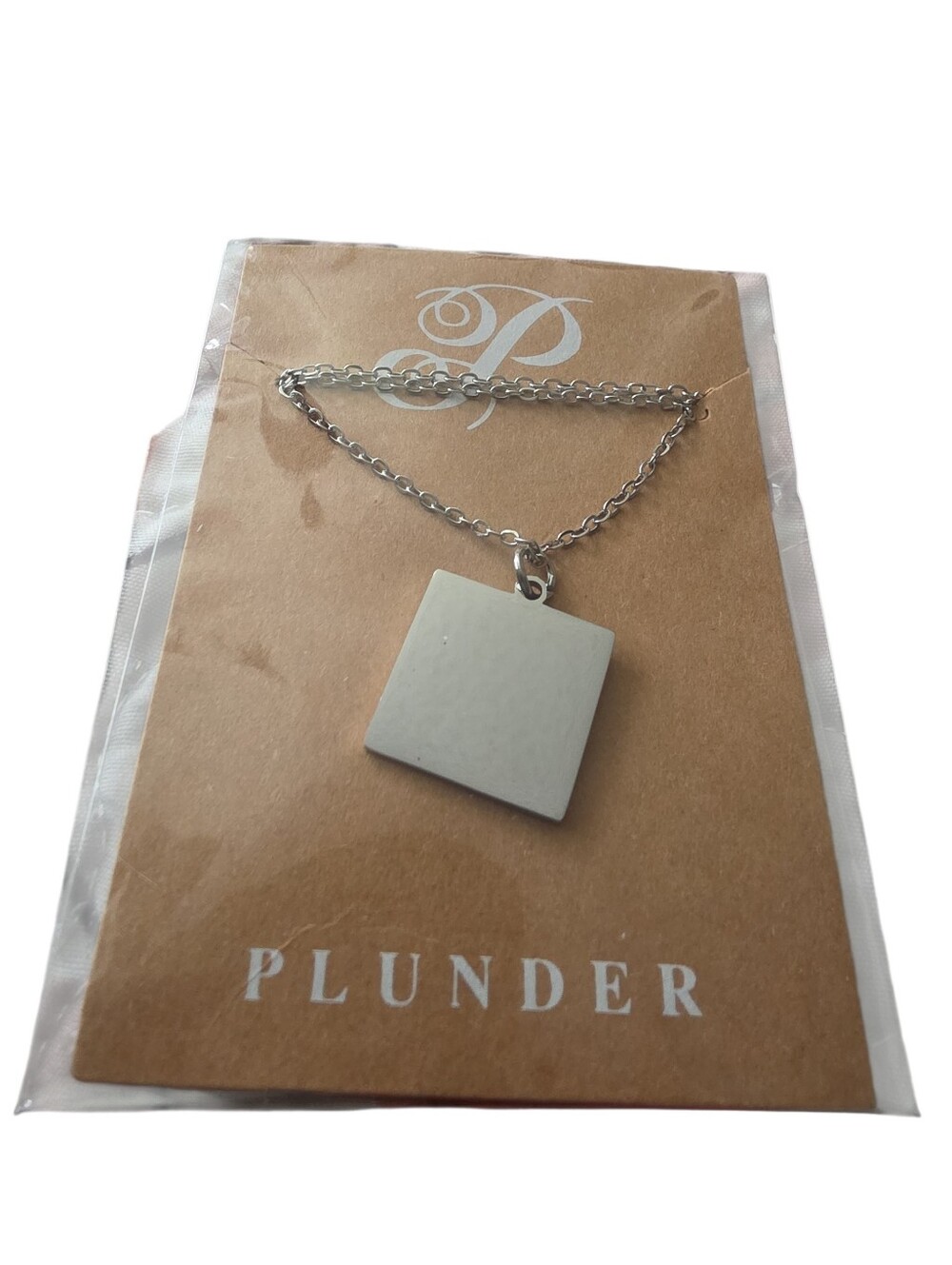 Plunder Silver Square Pendant Necklace - Silver Tone Minimalist